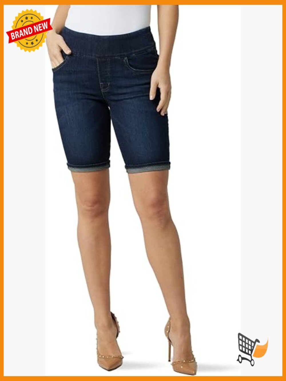 Stretch Denim Bermuda Shorts Mid Rise 5-Pocket Pull-On